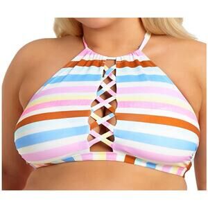 California Waves Stripe High Neck Strappy Swim Tankini Top Plus 16-18 1X